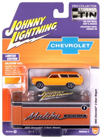 Johnny Lightning 1965 Chevrolet Malibu Wagon Collector Storage Tin Orange